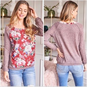 Burgundy Floral Round Neckline Long Sleeve Sz.M/L